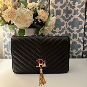 NWT Badgley Mischka V Quilting with Logo Tessel Crossbody Black Vegan Leather